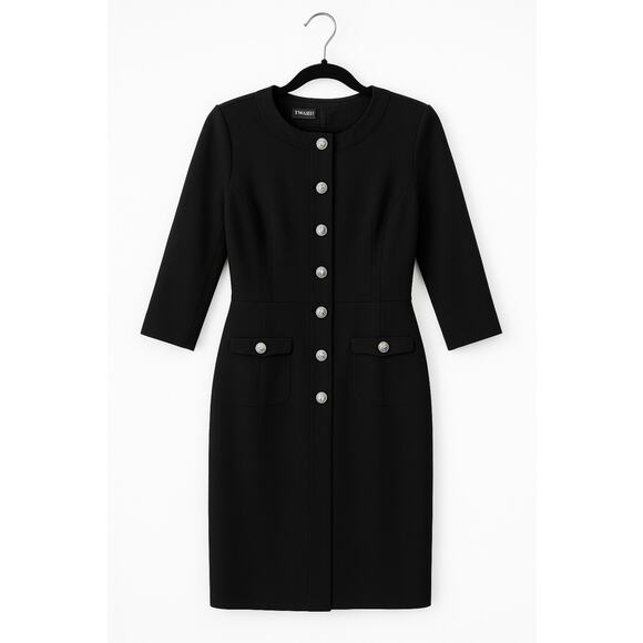 Talbots Petite 10 Black Sheath Dress Silver Crest Buttons Career Cocktail Casual - Picture 1 of 11
